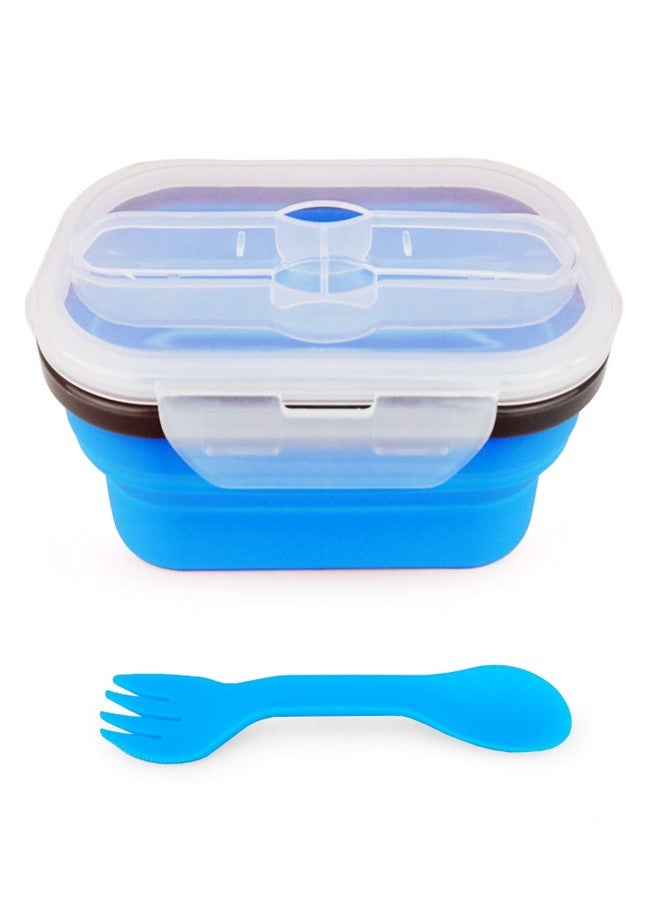 CARTINTS 800ml Collapsible Bento Lunch Box, Silicone Food Storage Container, with Leakproof Lids and Spoon, Microwave Freezer Safe, Blue - Image 2